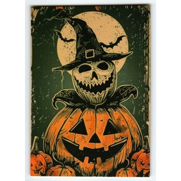 Vintage Halloween Postcard Jack O' Lantern Witch Hat Full Moon - Picture 1 of 2